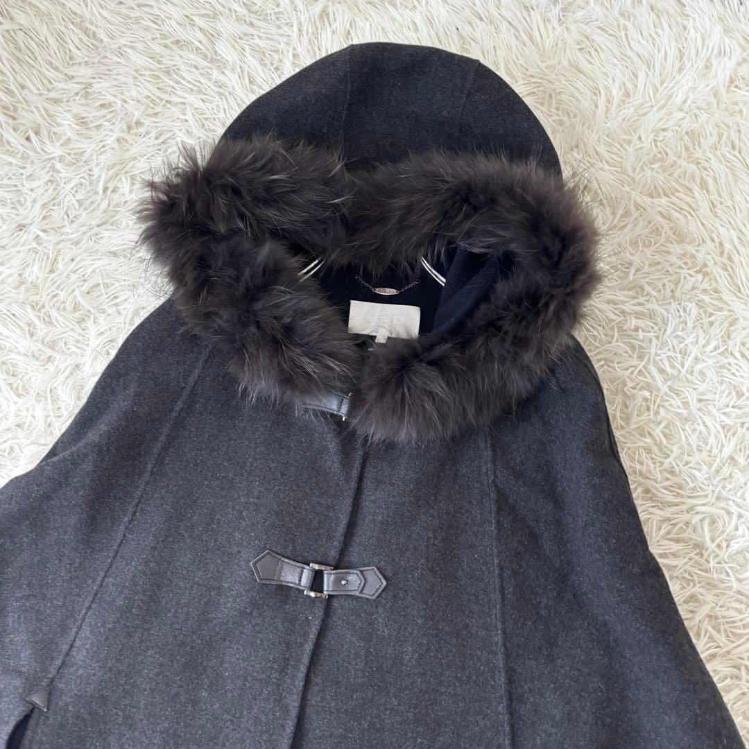 自由区✨2way アンゴラウール　ポンチョ　リアルファー　フード　ケープコートM