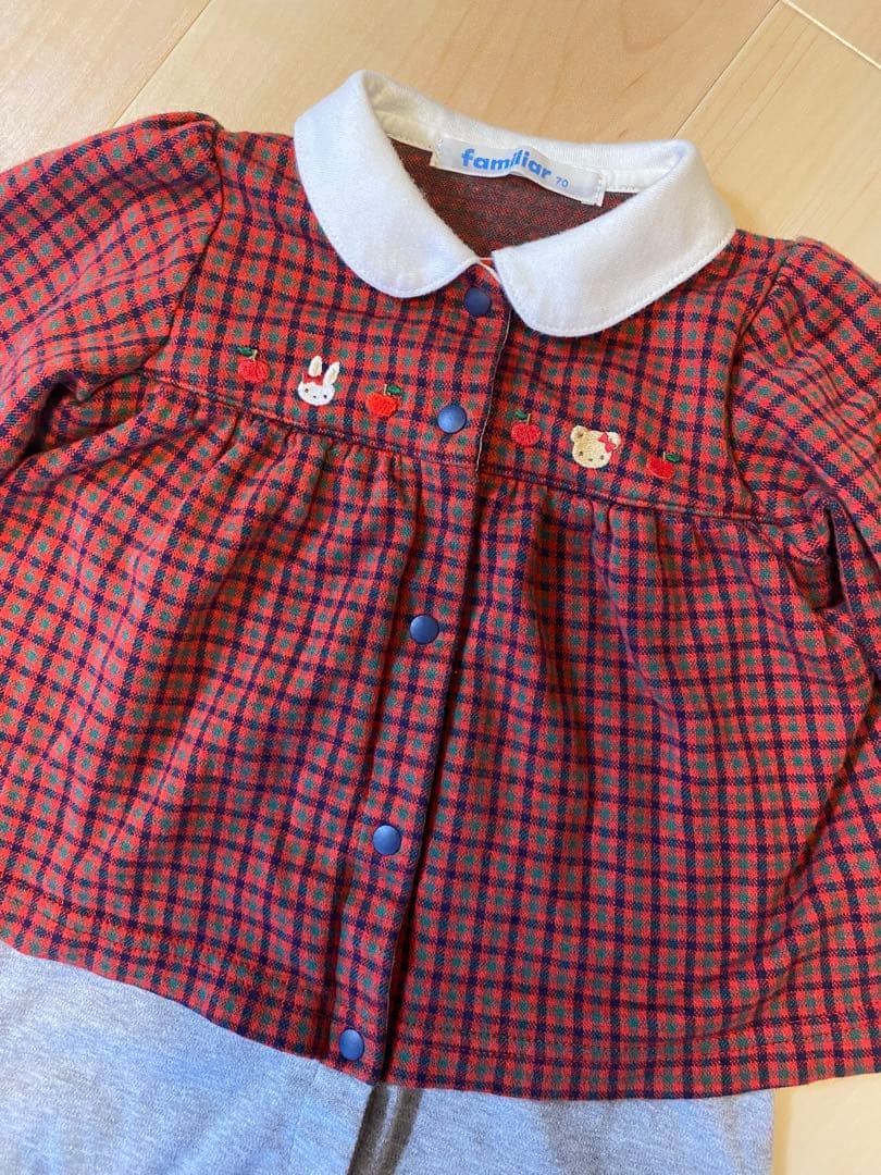 【美品】familiar 赤 チェック柄70cmロンパース(定価18150円)