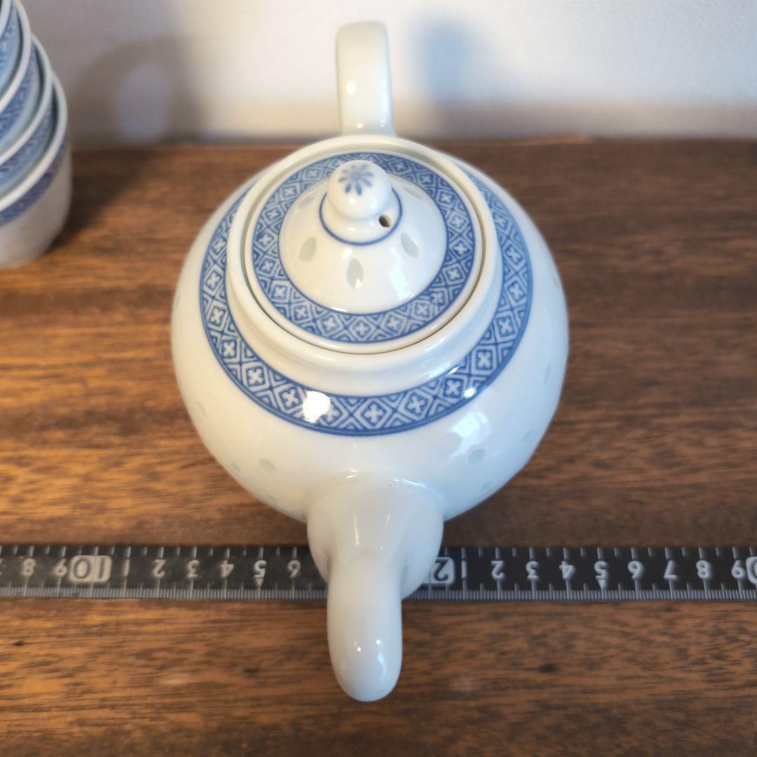 古い景徳鎮銘の蛍焼セット　中国染付　青花　蛍手アンティーク茶器　骨董