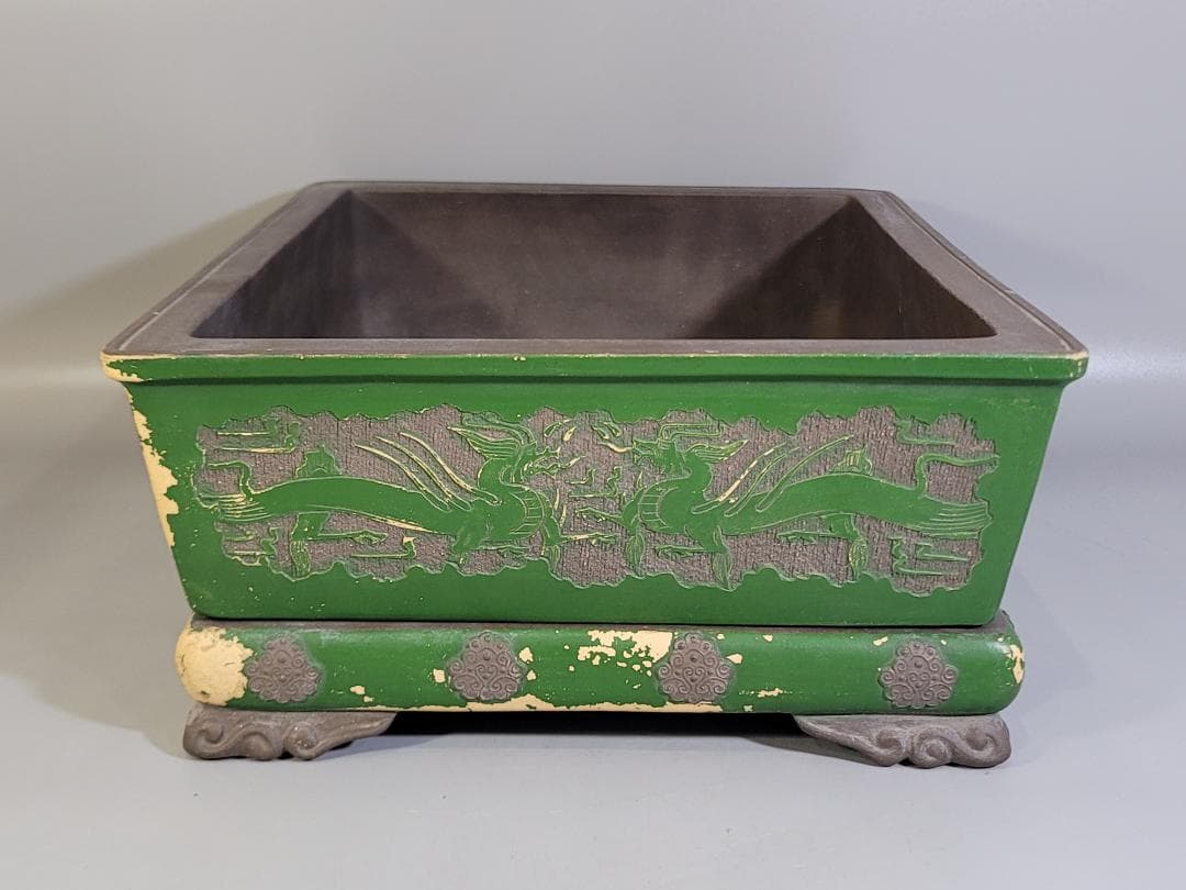 中国美術 紫泥 古代騎馬紋 花盆 植木鉢 台付 在印 DT410