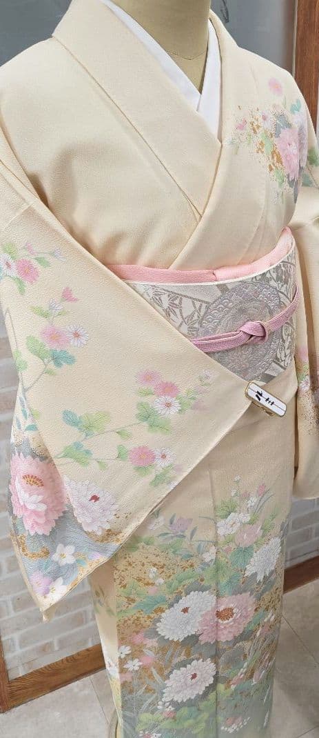 訪問着 クリーム系4点フルセット、着物、袋帯、帯締め、帯揚げ