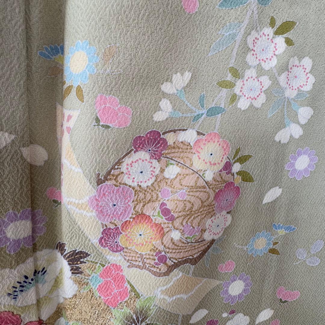 超美品　正絹　袷　現代　正統派　訪問着　着物　 163 黄緑　鶯色　手書き　上品