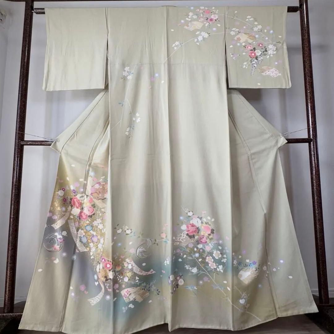 超美品　正絹　袷　現代　正統派　訪問着　着物　 163 黄緑　鶯色　手書き　上品