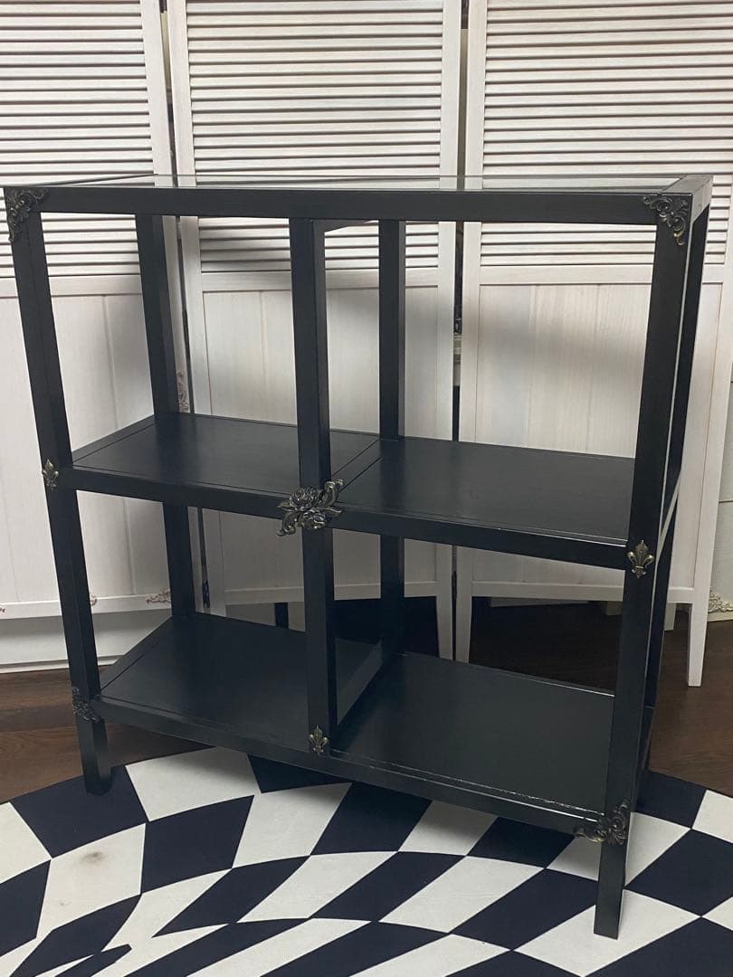 ゴシック ガラス天板 シェルフ♦️百合紋章♦️フルール ド リス♦️ブラック♦️送料込