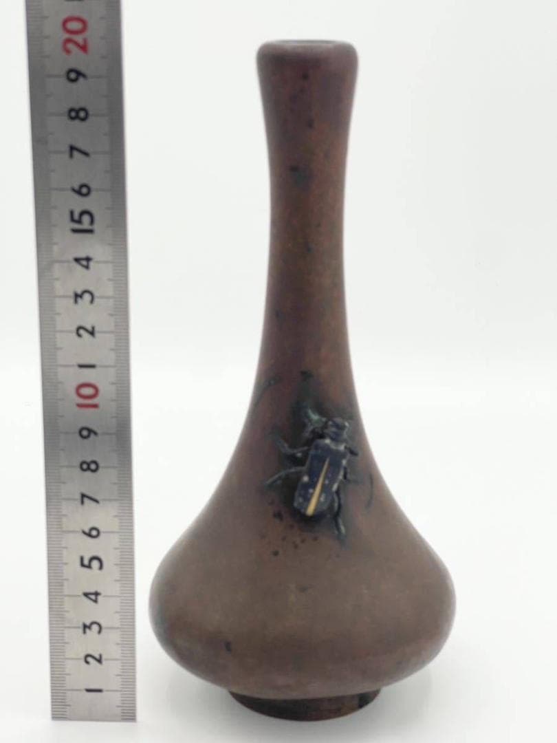 亀文堂 花瓶 胡麻斑天牛 金色 刻印 宣徳銅 象嵌 虫盛上 一輪