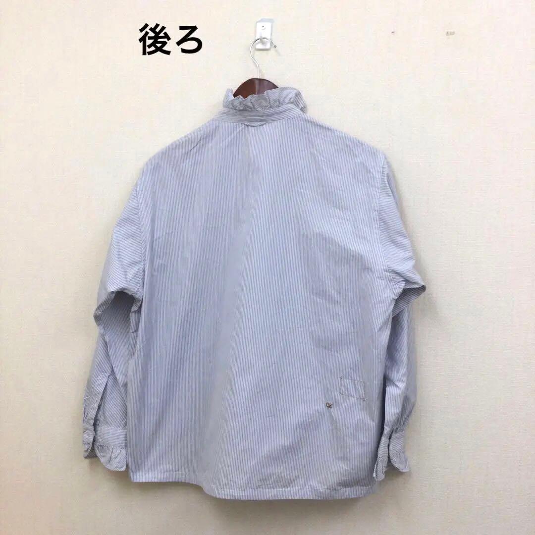 45R レディースフリル付き長袖ブラウス　白×紺　縦ストライプ　フリーサイズ