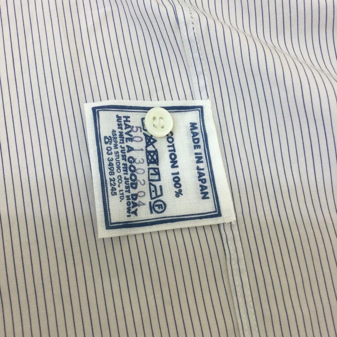 45R レディースフリル付き長袖ブラウス　白×紺　縦ストライプ　フリーサイズ