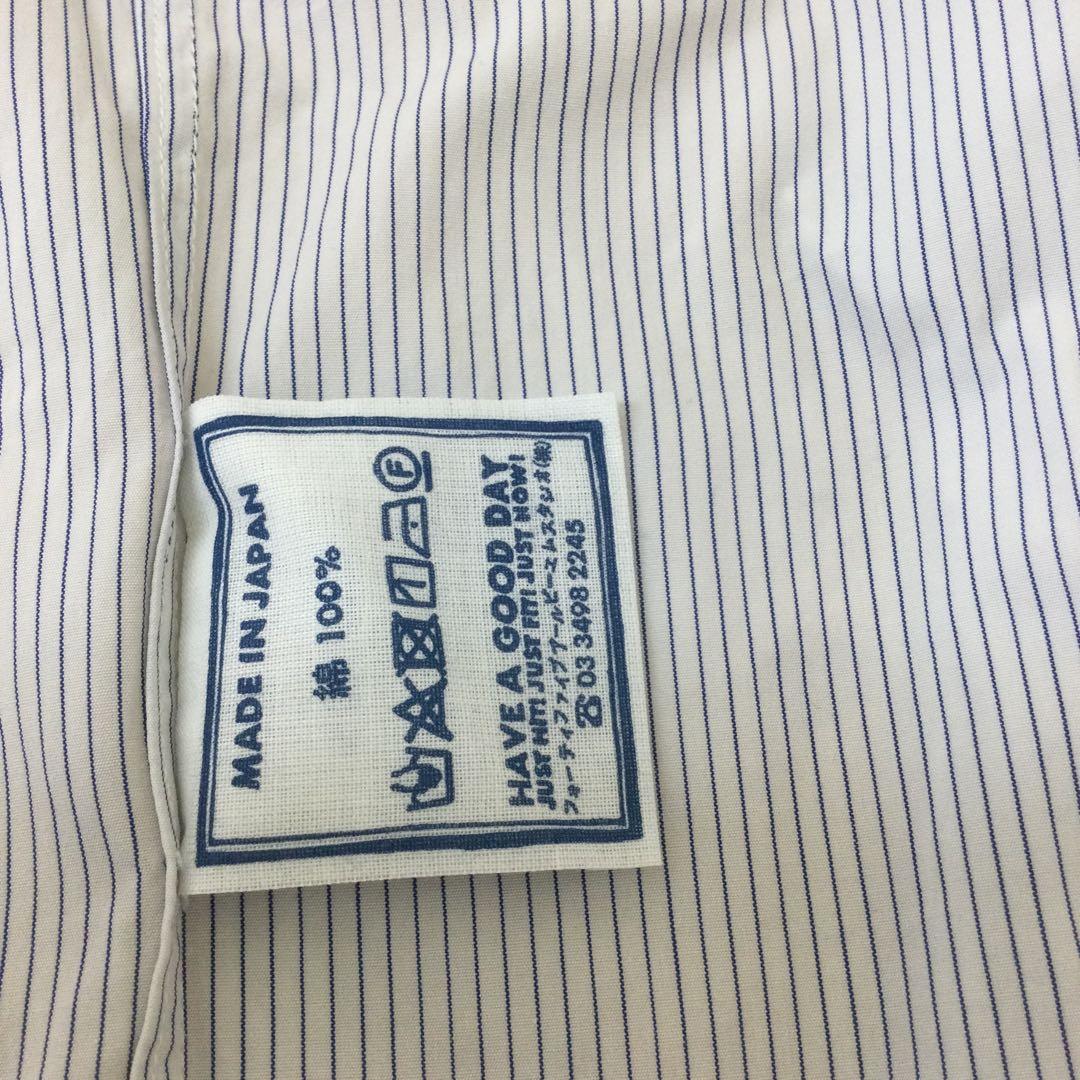 45R レディースフリル付き長袖ブラウス　白×紺　縦ストライプ　フリーサイズ