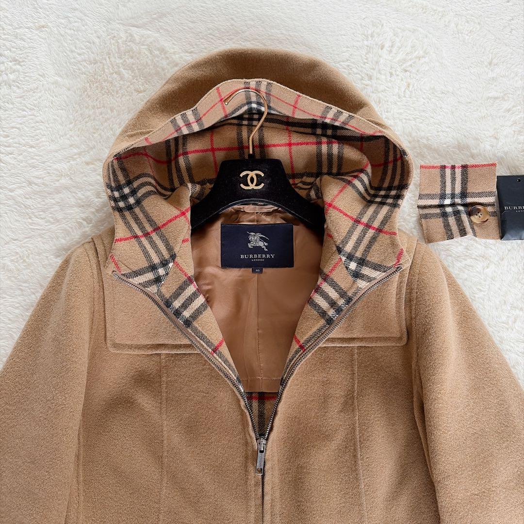 【バーバリーロンドン】カシミヤ混ウール ダブルフェイスフーデットコート キャメル