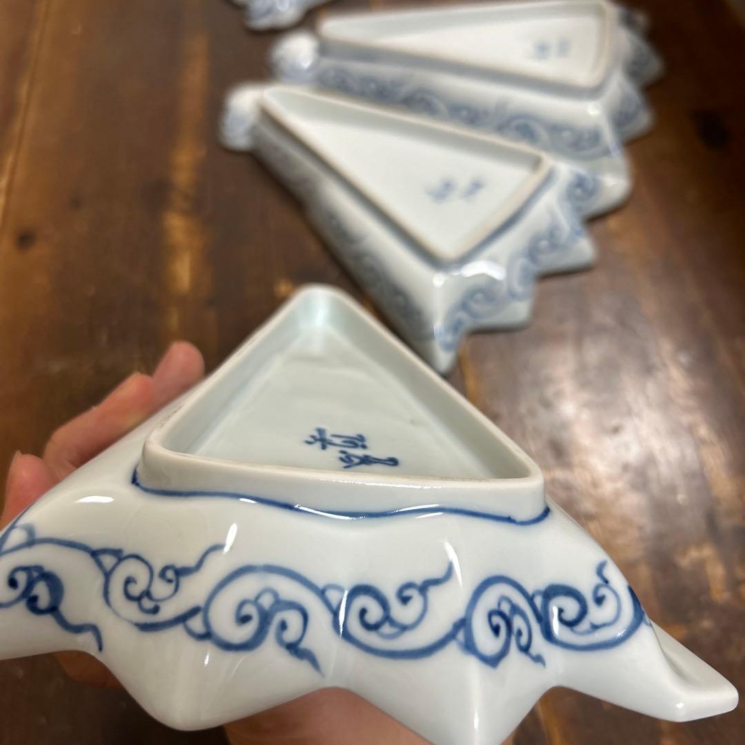 九谷焼　阿古窯　染付　手描き　小扇子　半開扇皿　５枚