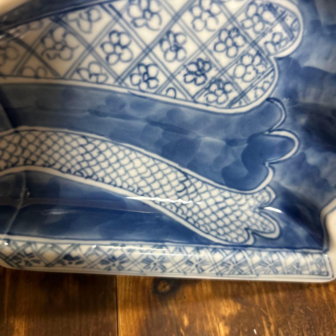 九谷焼　阿古窯　染付　手描き　小扇子　半開扇皿　５枚