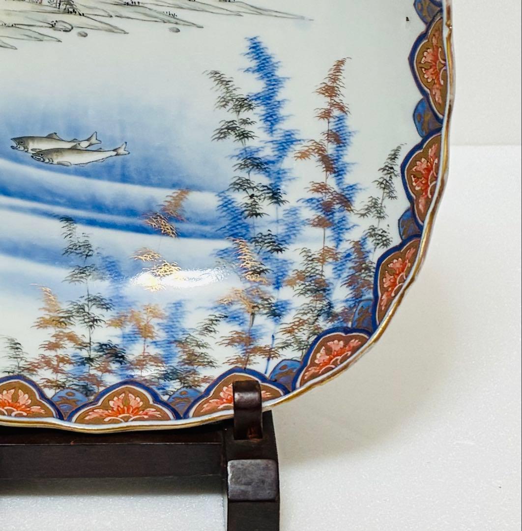 31日掲載終了 明治 香蘭社 有田焼 オールド香蘭社 色絵竹林鮎文 大鉢