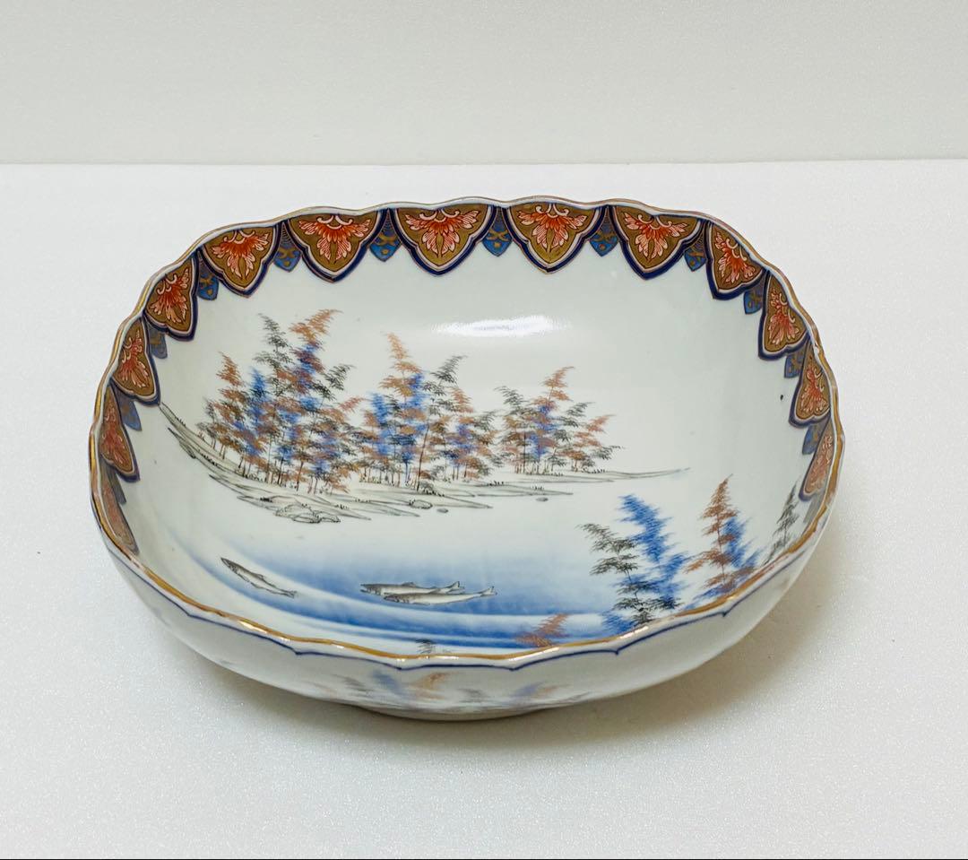31日掲載終了 明治 香蘭社 有田焼 オールド香蘭社 色絵竹林鮎文 大鉢