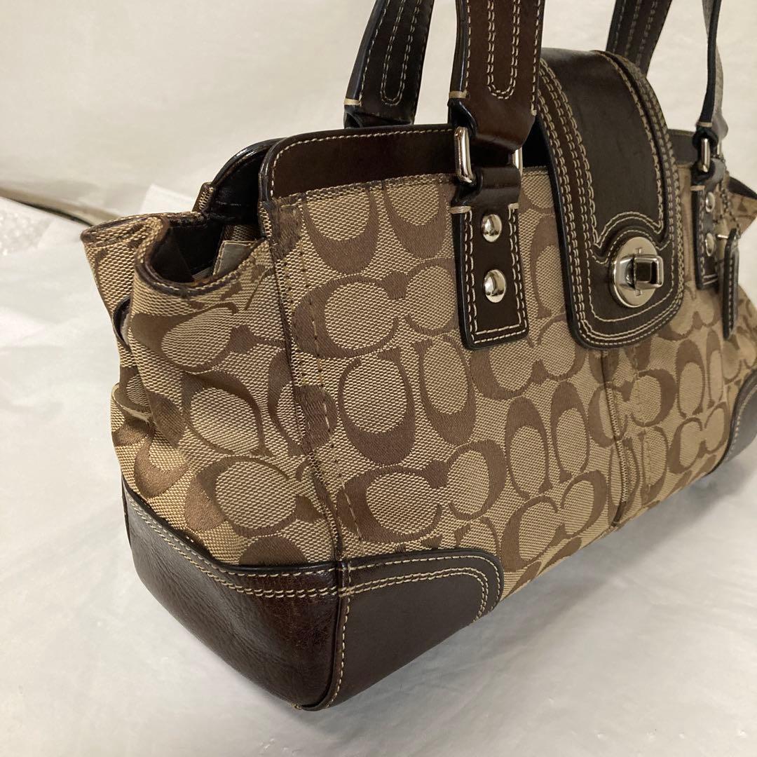 COACHシグネチャー ハンドバッグ.，ターンロック★13975 ブラウン