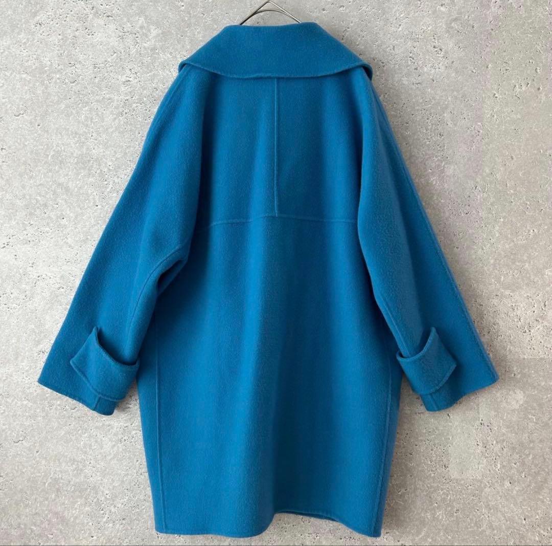 Mila Owen フラップポケットハーフ丈コクーン接結コート　ブルー