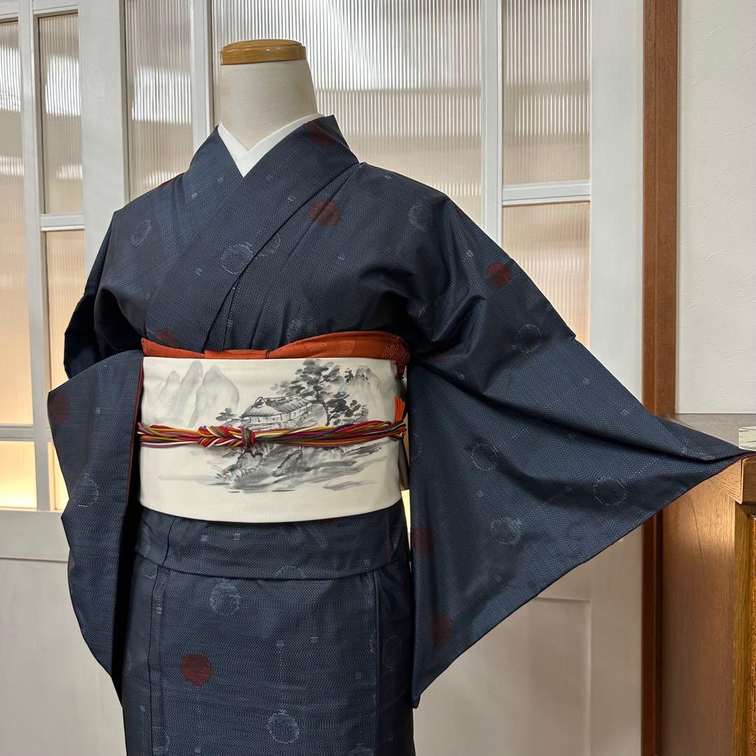ぬ*い様 大島紬　袷　正絹　紺×黒　風船柄織り出し　身丈159裄65