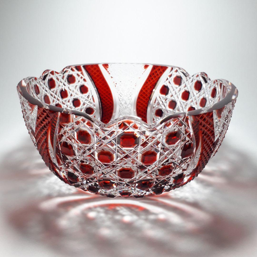 薩摩切子　門脇健二 作品　色被せガラス　　　八角籠目紋様 鉢　【希少レア作品】