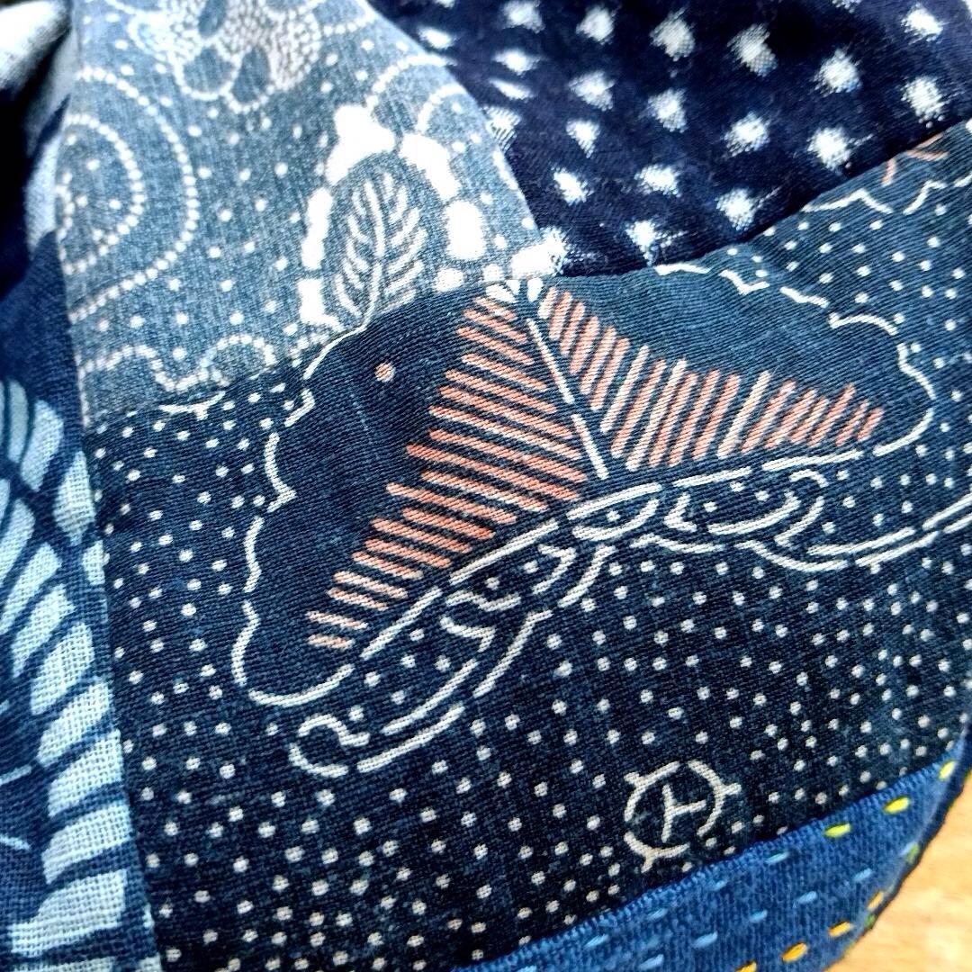古布鶴亀　グラニーバッグ　鶴亀寿　藍染型染　ハンドメイド　柿渋染め