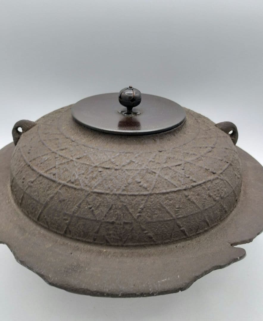 c708 焼抜透木釜　桜川 透木付 茶道具 古物