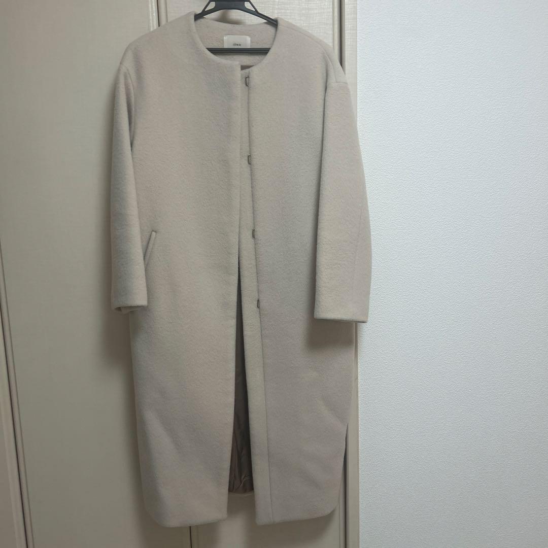 イエナ　ナチュラル ウール100%ノーカラーロングコート サイズ36