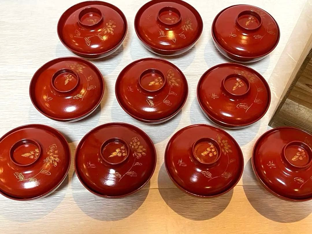 時代物 漆器 本珠 吸物椀 蓋付き 10客セット 木箱付 アンティーク171