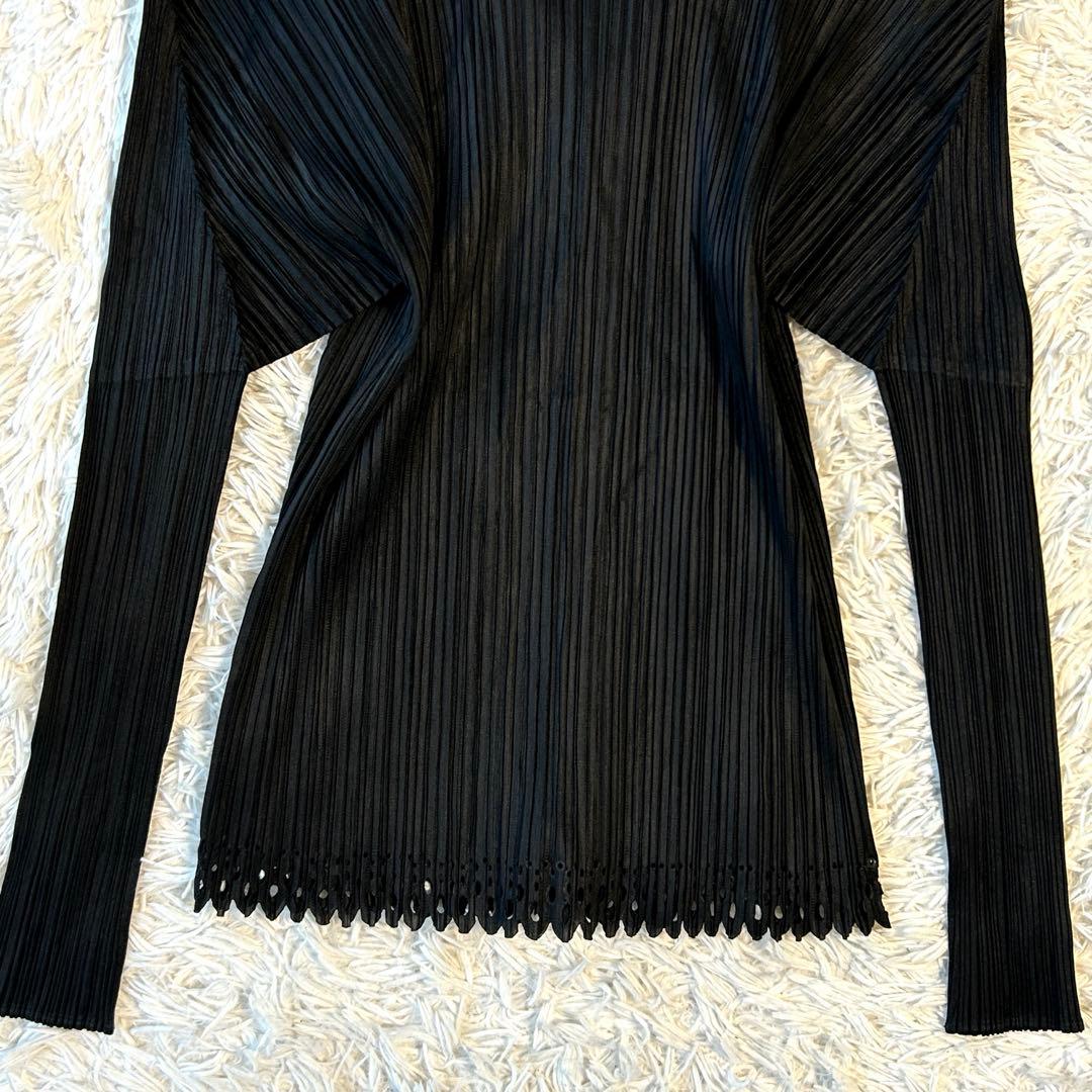 プリーツプリーズ イッセイミヤケ 長袖ブラウス シャツ スカラップ裾 ブラック