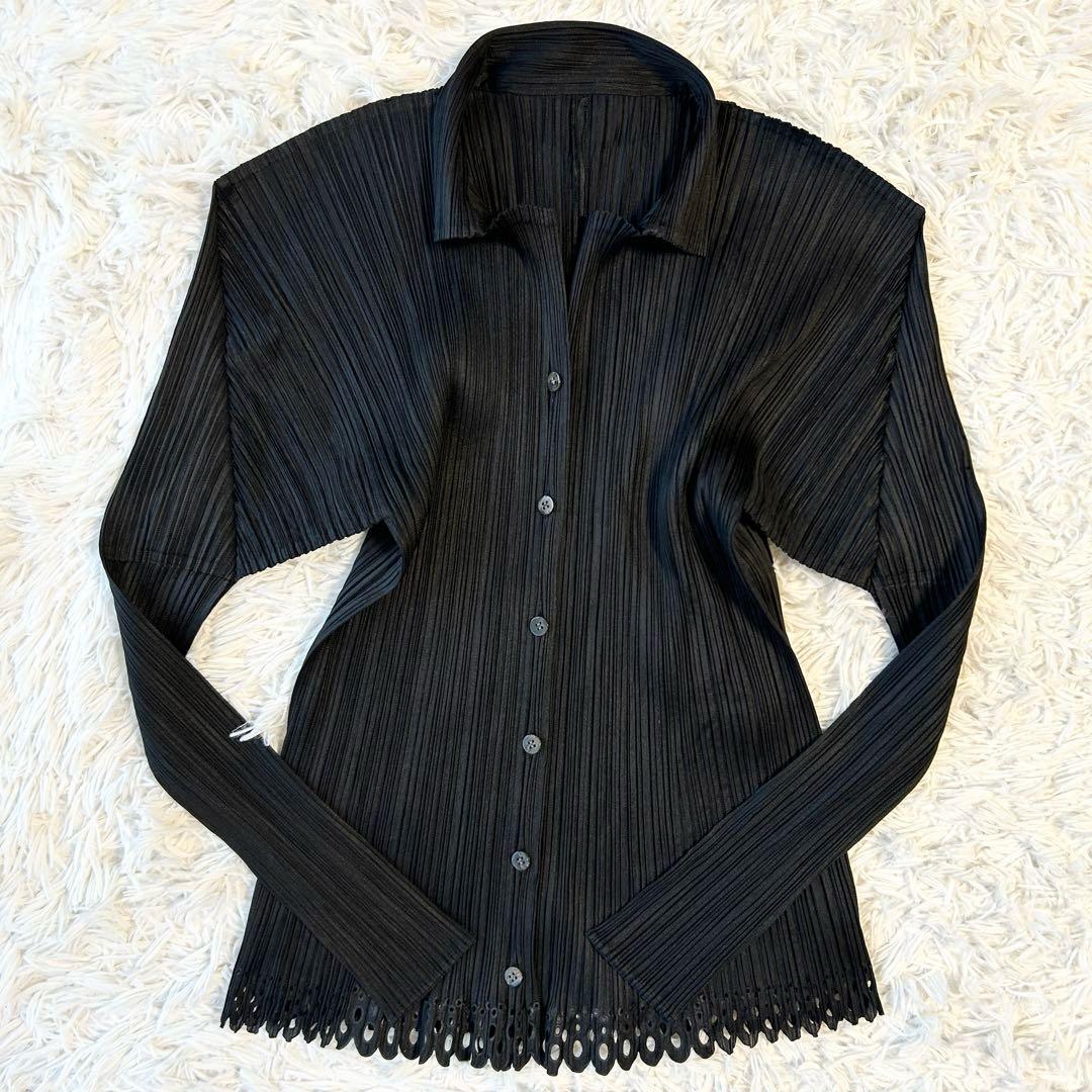 プリーツプリーズ イッセイミヤケ 長袖ブラウス シャツ スカラップ裾 ブラック
