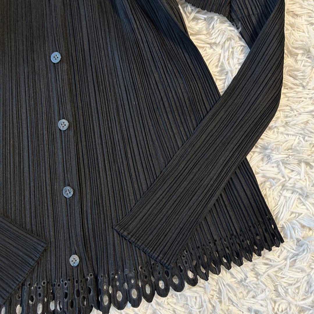 プリーツプリーズ イッセイミヤケ 長袖ブラウス シャツ スカラップ裾 ブラック