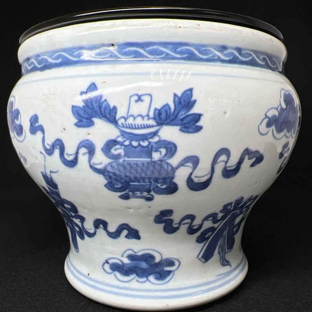 中国清時代青花雲宝文水指木箱付高さ約20.5㎝(蓋込)東な7-1011☆2F