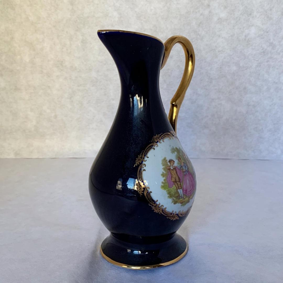 ヴィンテージ フランス リモージュ磁器 ブルー花瓶 ピッチャー、22K ゴールド