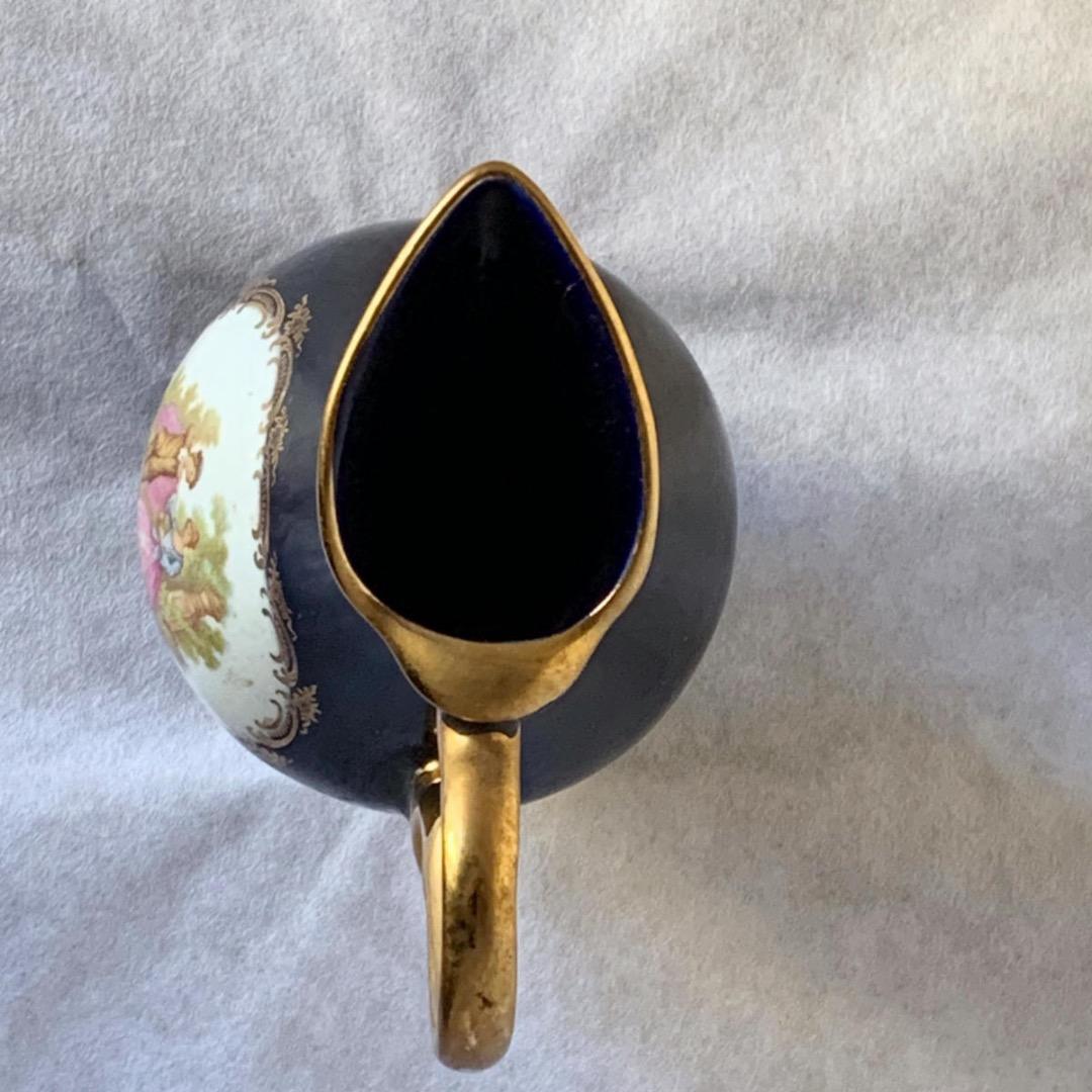 ヴィンテージ フランス リモージュ磁器 ブルー花瓶 ピッチャー、22K ゴールド