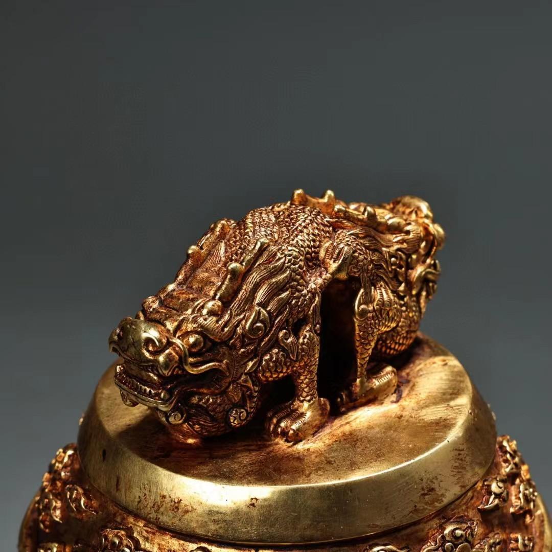 中国古美術・旧蔵鎏金盘龍龍頭付きの鐘・純銅細密彫・純手作り・高浮彫・置物・漆箱付