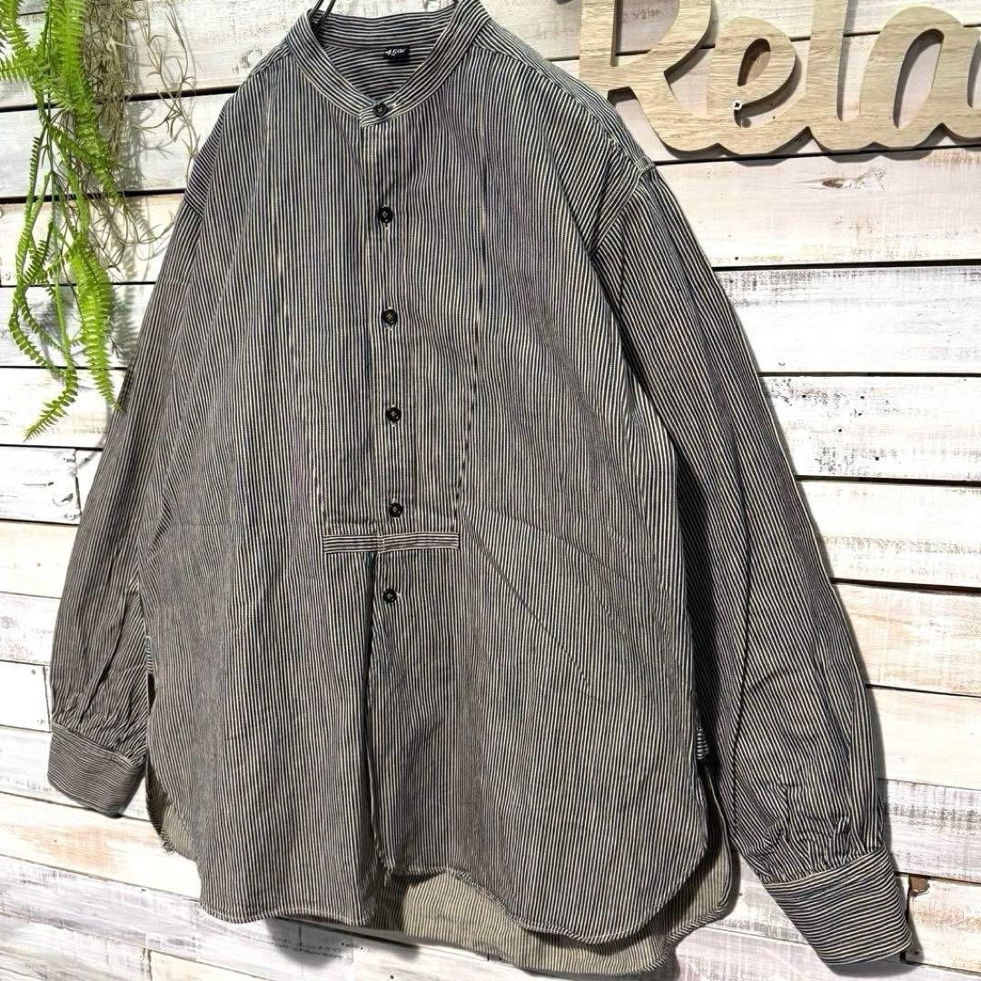 45R インディゴ染 バンドカラーシャツ ストライプ ヒッコリー 刺繍