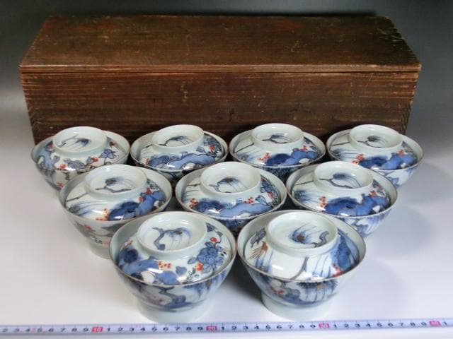 蓋茶碗■古い伊万里花唐草色絵染付 江戸後期 蓋鉢 蓋物 9客 時代物 骨董品■