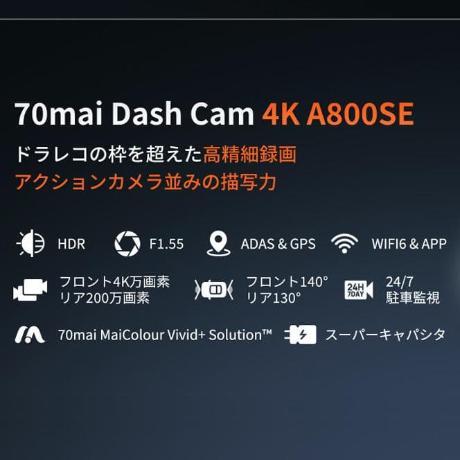 新品 F1.8 128GB 4K/FHD 70mai DashCamA800SE