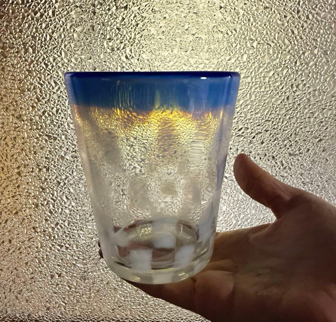 骨董　レトロ　希少　青フチ　乳白色　市松紋　ゴブレット　タンブラー パフェグラス