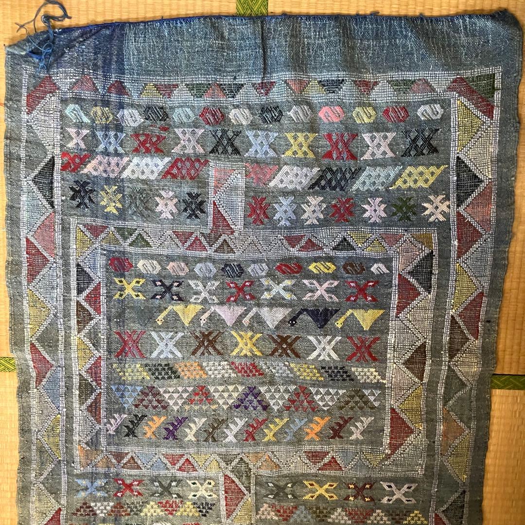 幾何学模様 手織り　ラグ　インディゴ　ヴィンテージ　キリム　デニム
