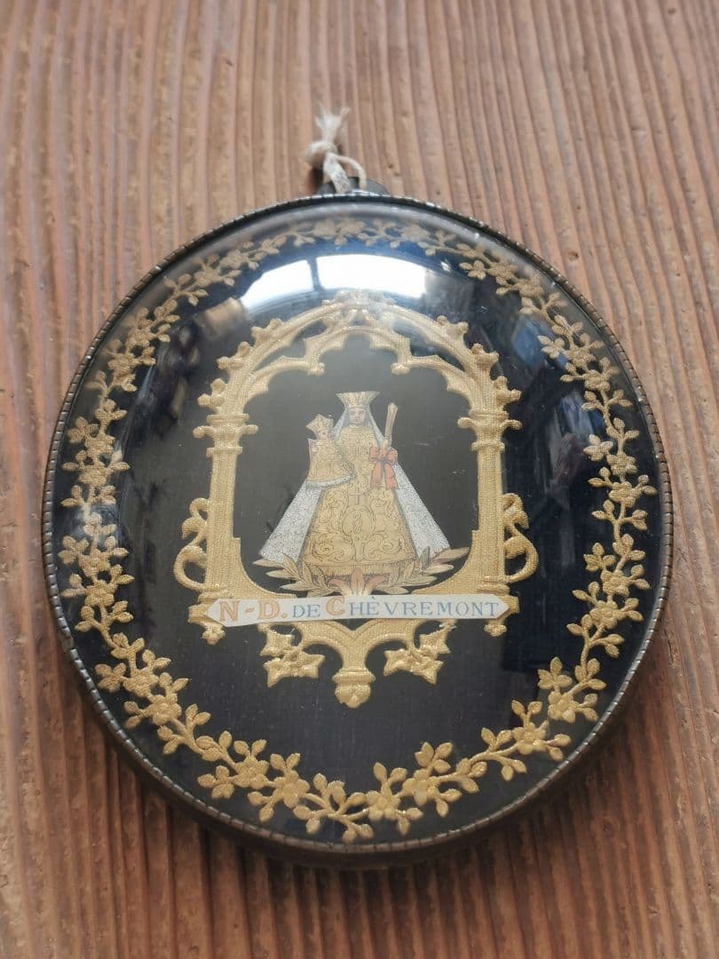 アンティークベルギー 聖母子の紙肖像イコン ボンベガラスドーム マリア イエス