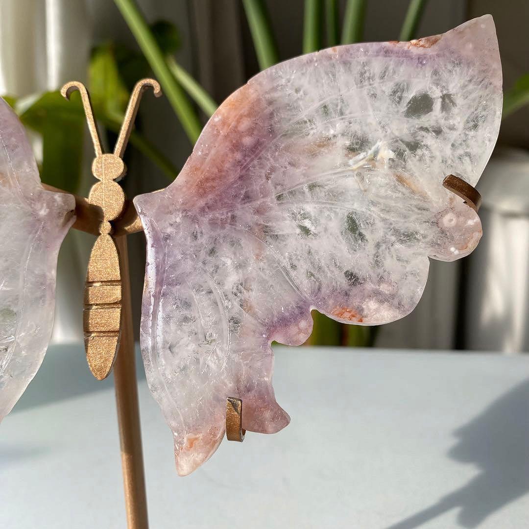 【 天然石 ピンクアメジスト クォーツ バタフライ 蝶々 スタンド付き 】