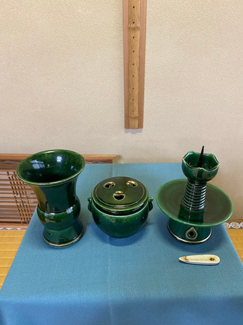 茶道具/三ツ具足 青楽 利休忌 松楽窯