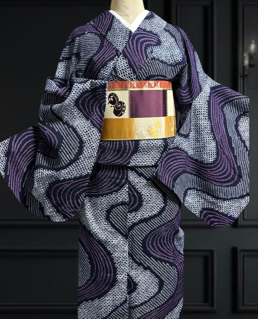 2点セット　新品美品✨身丈165裄丈67 有松鳴海絞り浴衣 藍染に紫　波紋様