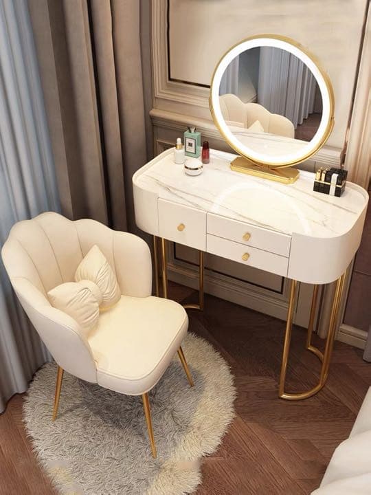 北欧風  オシャレドレッサー　グレー　80cmレザー調 大理石天板 LEDミラー