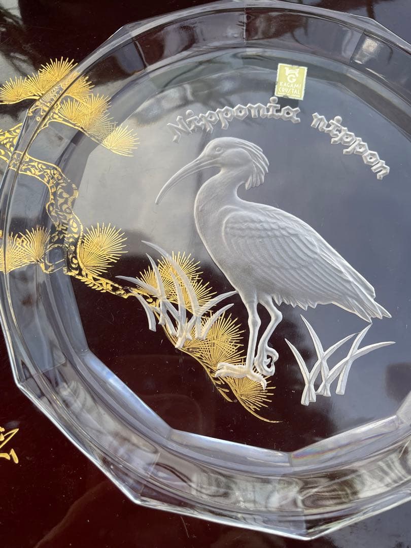 カガミクリスタル KAGAMI 飾り皿　贈答品 記念　クリスタル八角形皿 鶴彫刻