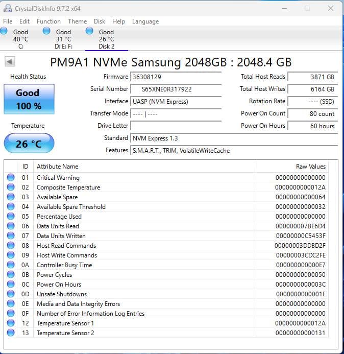Samsung PM9A1 2TB NVMe SSD 健康度100%