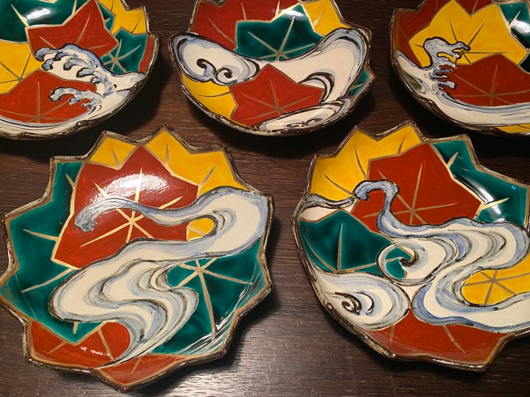 乾山写呉須入り竜田川文向付5種5色絵がわり 5客　清水焼　京器　懐石向付