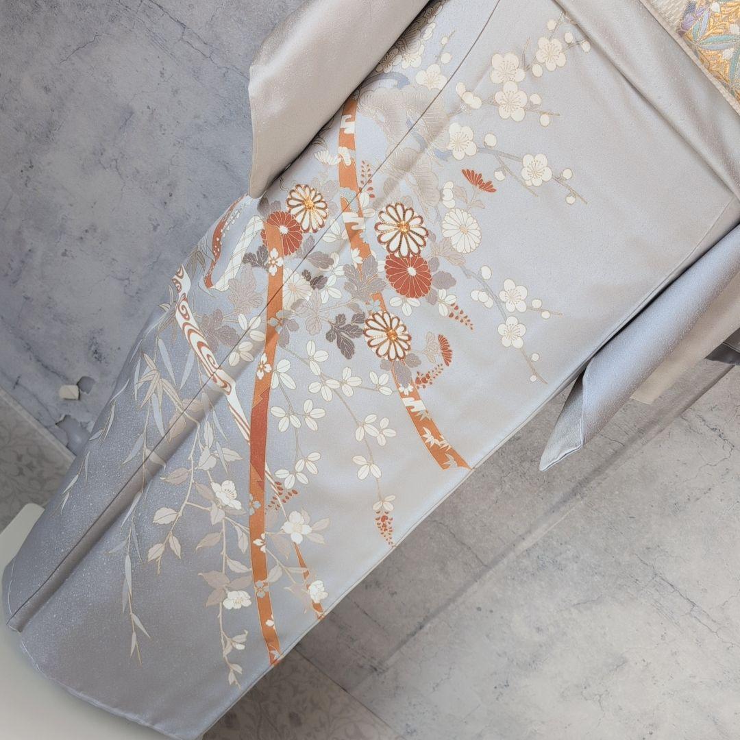 訪問着　フルセット　着物　正絹　白シルバー　金駒刺繍　花　しつけ糸　祝い事　A2