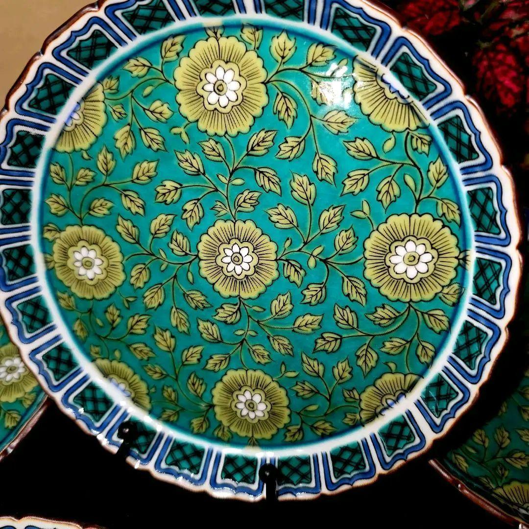 九谷焼　九谷青郊　青手牡丹唐草文　銘々皿　輪花皿　取皿　菓子皿　 5客