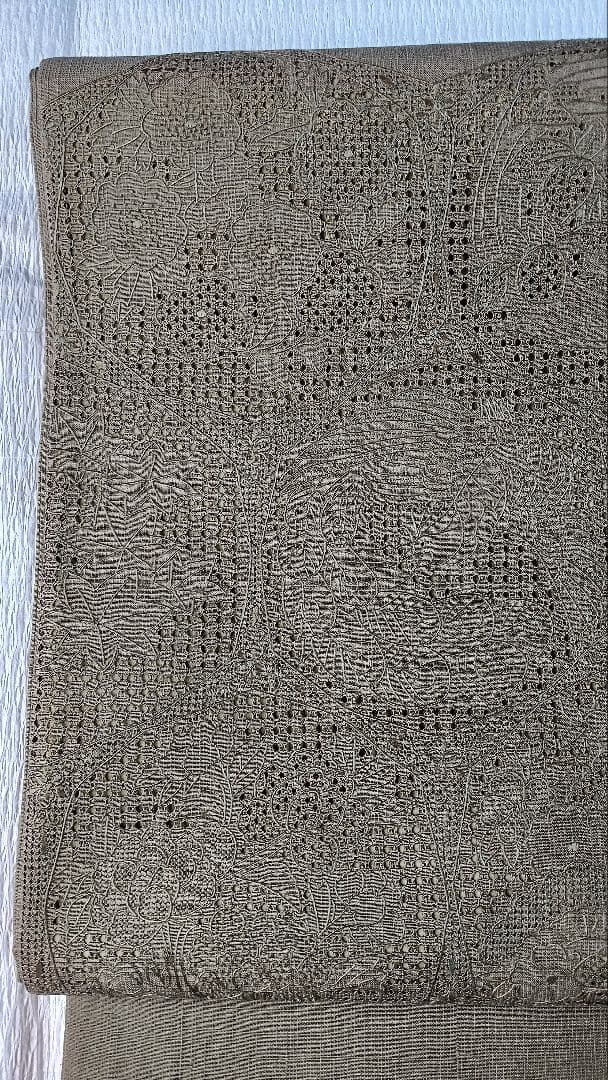 袋帯　スワトウ刺繍　紬地　正倉院花唐草文様　モスグリーン無地