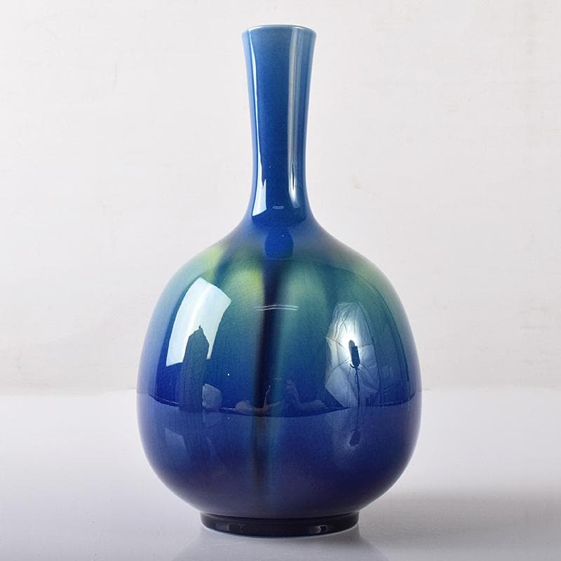 人間国宝　三代徳田八十吉　碧明耀彩　花生　共布共箱　T　R8172