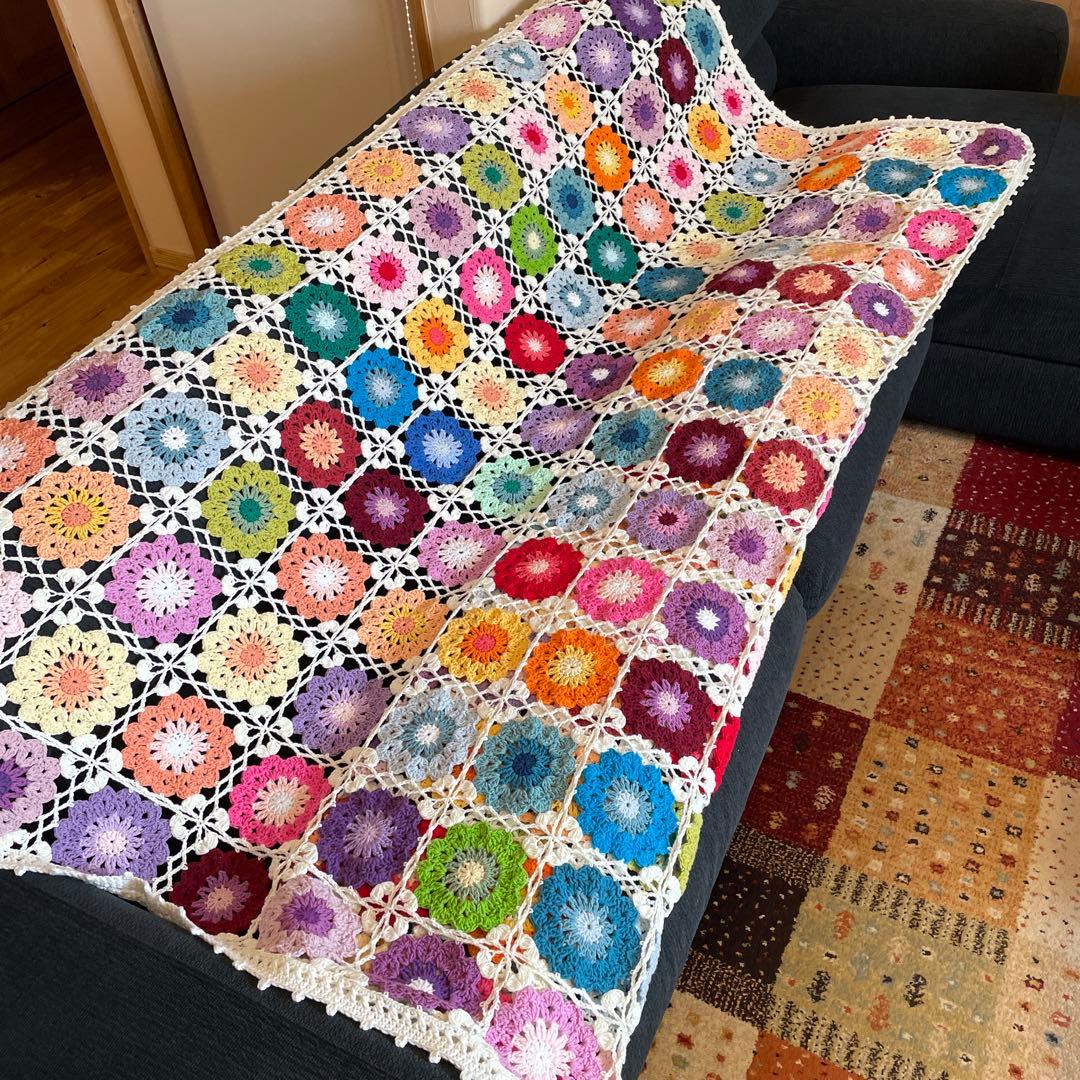 ハンドメイド　ブランケット　フラワーモチーフ　コットン